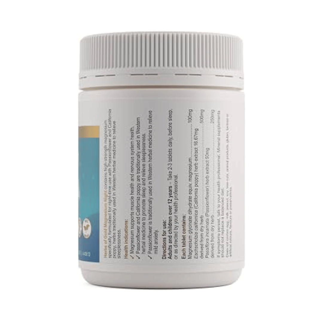 Herbs Of Gold Magnesium Night tablets featuring magnesium glycinate, Passionflower and California poppy, formulated for night-time use, sleep and nervous system support.