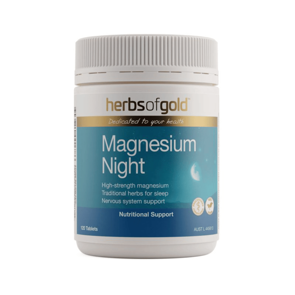Herbs Of Gold Magnesium Night tablets featuring magnesium glycinate, Passionflower and California poppy, formulated for night-time use, sleep and nervous system support.
