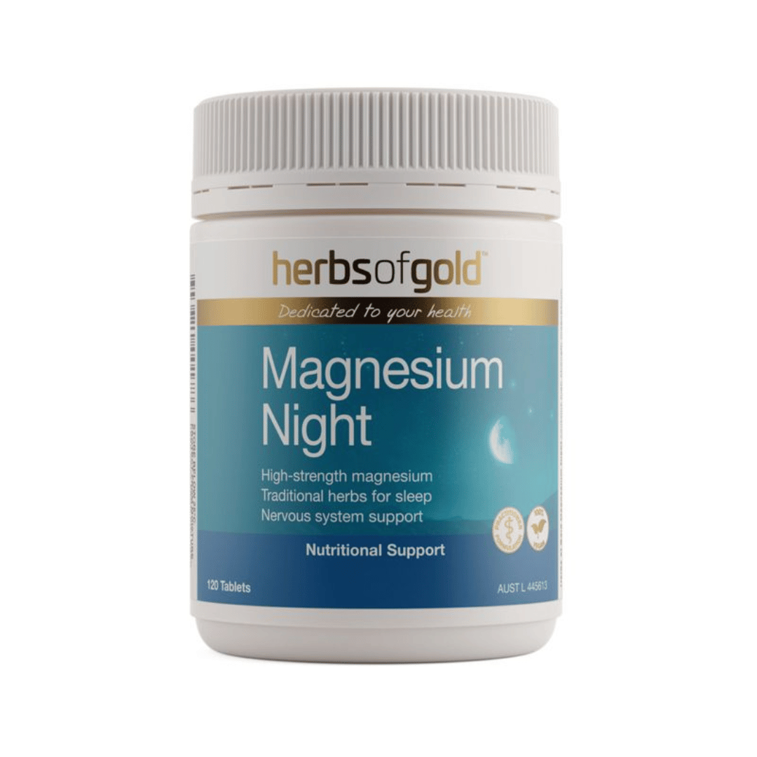 Herbs Of Gold Magnesium Night tablets featuring magnesium glycinate, Passionflower and California poppy, formulated for night-time use, sleep and nervous system support.