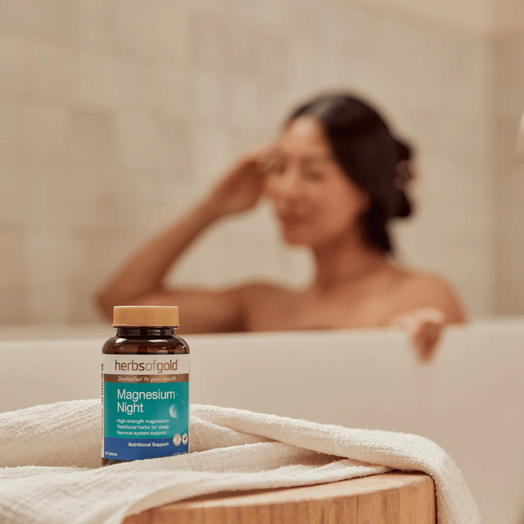 Herbs Of Gold Magnesium Night tablets featuring magnesium glycinate, Passionflower and California poppy, formulated for night-time use, sleep and nervous system support.