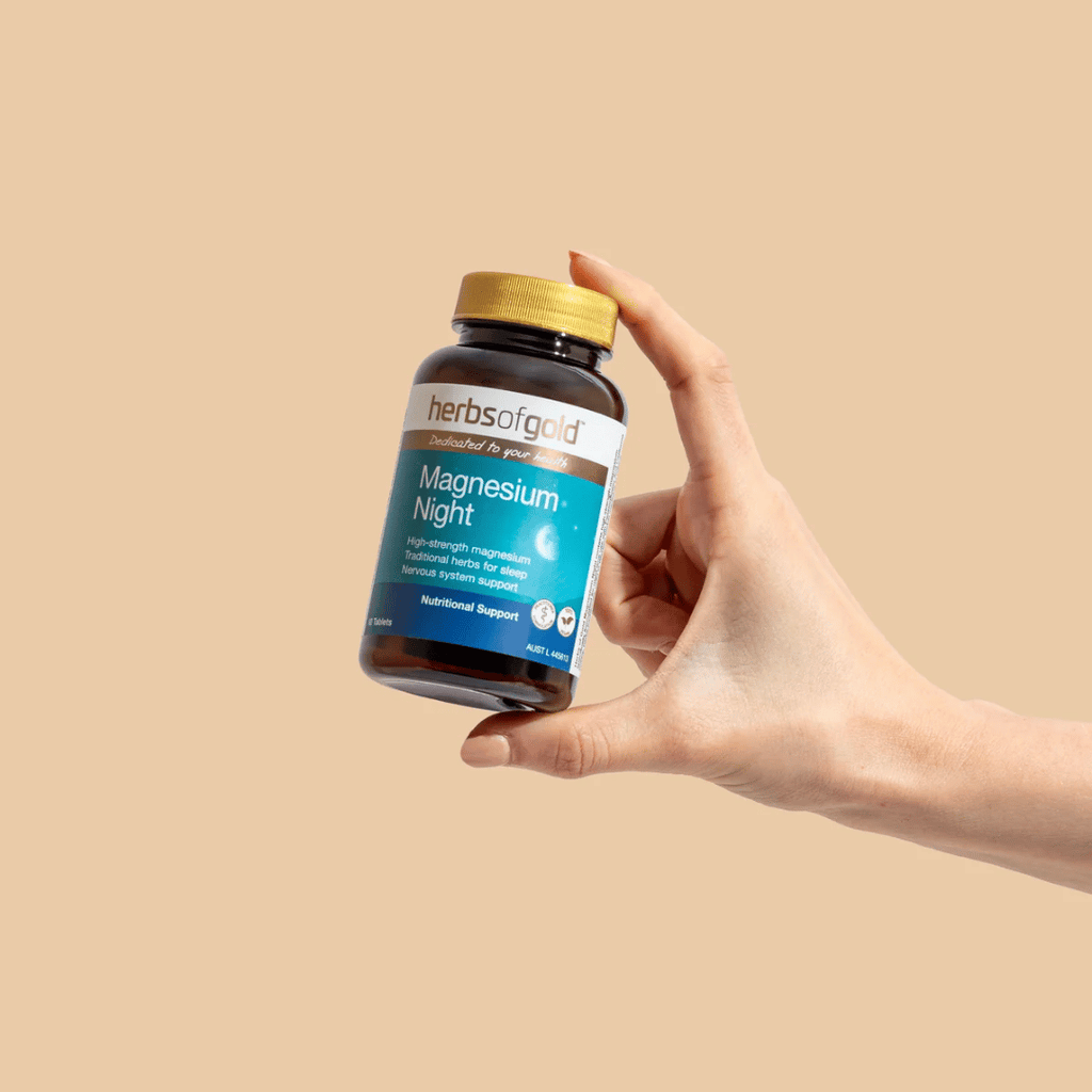 Herbs Of Gold Magnesium Night tablets featuring magnesium glycinate, Passionflower and California poppy, formulated for night-time use, sleep and nervous system support.