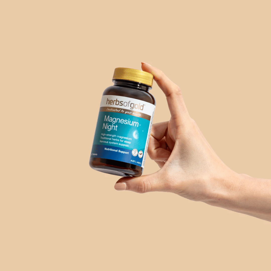 Herbs Of Gold Magnesium Night tablets featuring magnesium glycinate, Passionflower and California poppy, formulated for night-time use, sleep and nervous system support.
