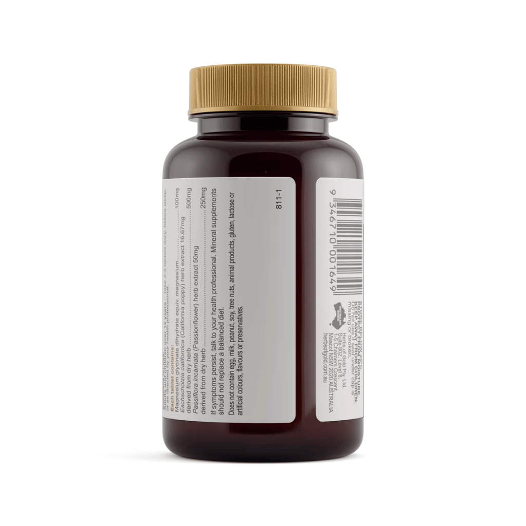 Herbs Of Gold Magnesium Night tablets featuring magnesium glycinate, Passionflower and California poppy, formulated for night-time use, sleep and nervous system support.