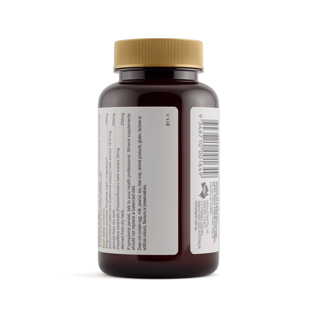 Herbs Of Gold Magnesium Night tablets featuring magnesium glycinate, Passionflower and California poppy, formulated for night-time use, sleep and nervous system support.
