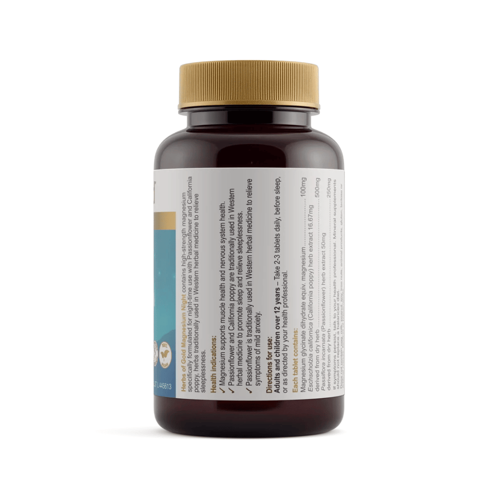Herbs Of Gold Magnesium Night tablets featuring magnesium glycinate, Passionflower and California poppy, formulated for night-time use, sleep and nervous system support.