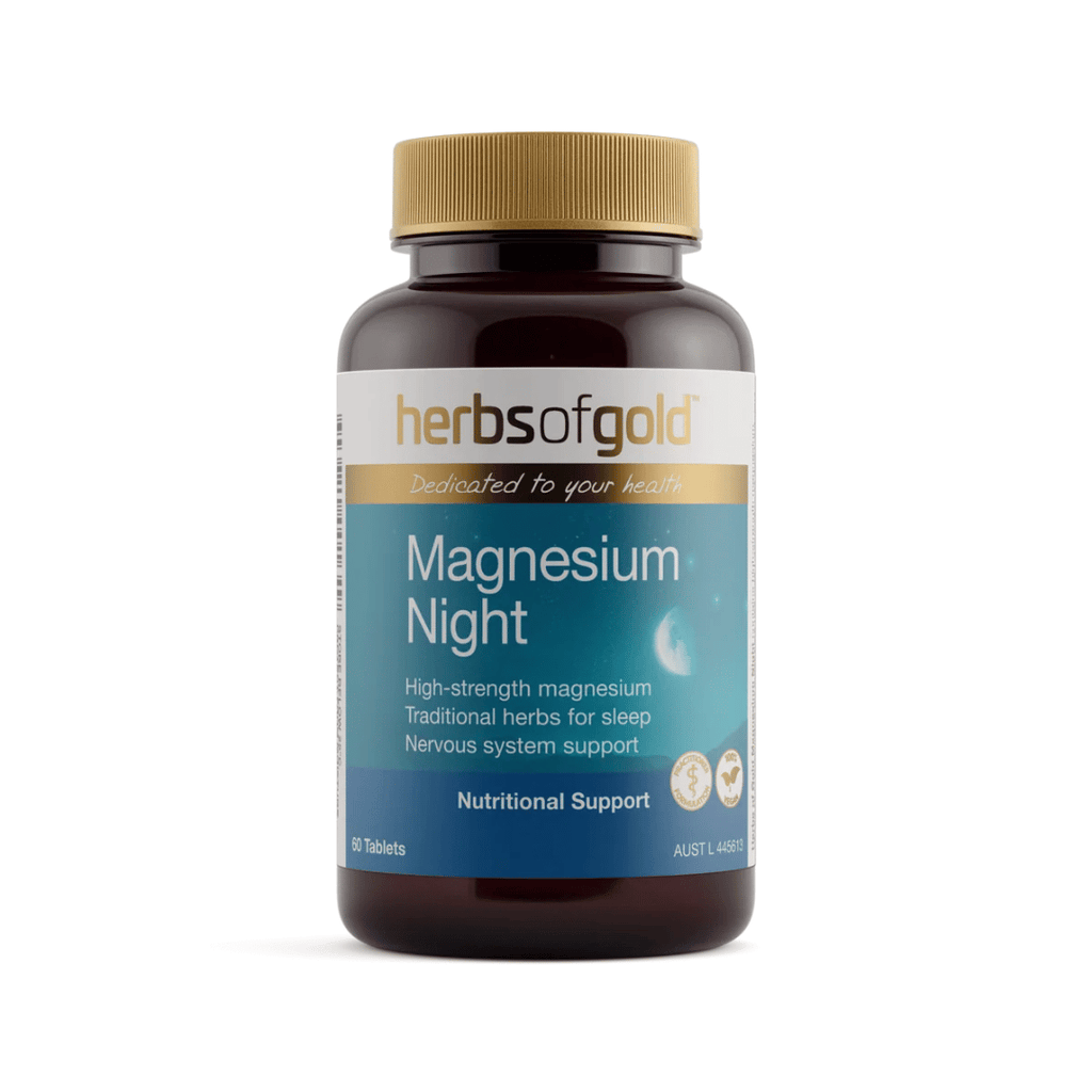Herbs Of Gold Magnesium Night tablets featuring magnesium glycinate, Passionflower and California poppy, formulated for night-time use, sleep and nervous system support.