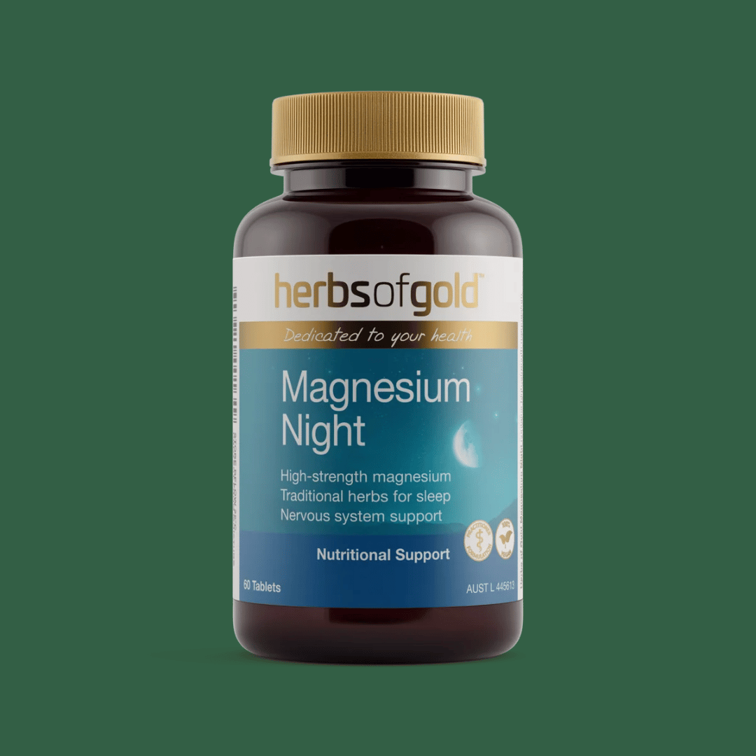 Herbs Of Gold Magnesium Night tablets featuring magnesium glycinate, Passionflower and California poppy, formulated for night-time use, sleep and nervous system support.