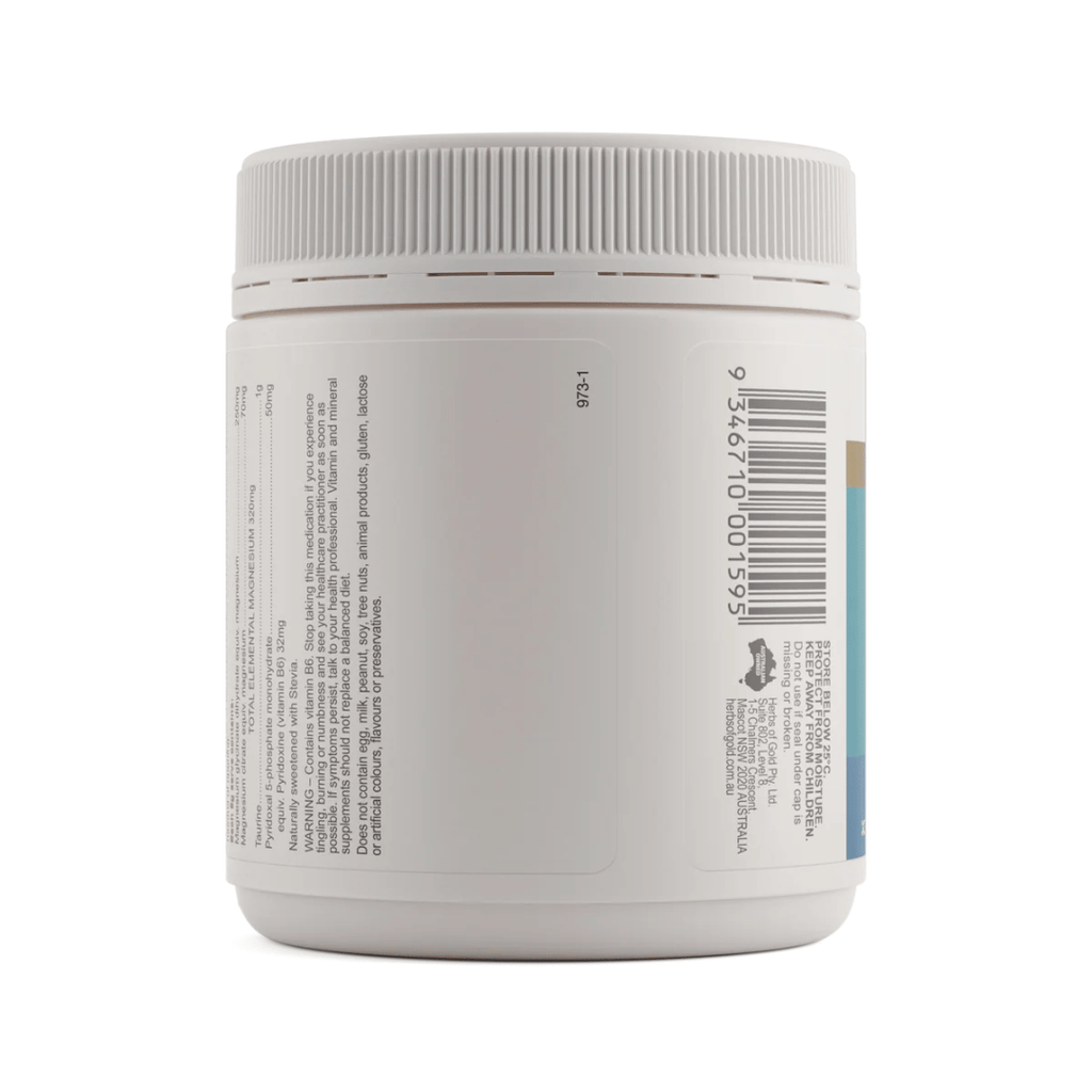 Herbs Of Gold Magnesium Powder High Strength pineapple flavoured magnesium supplement with vitamin B6 and taurine.