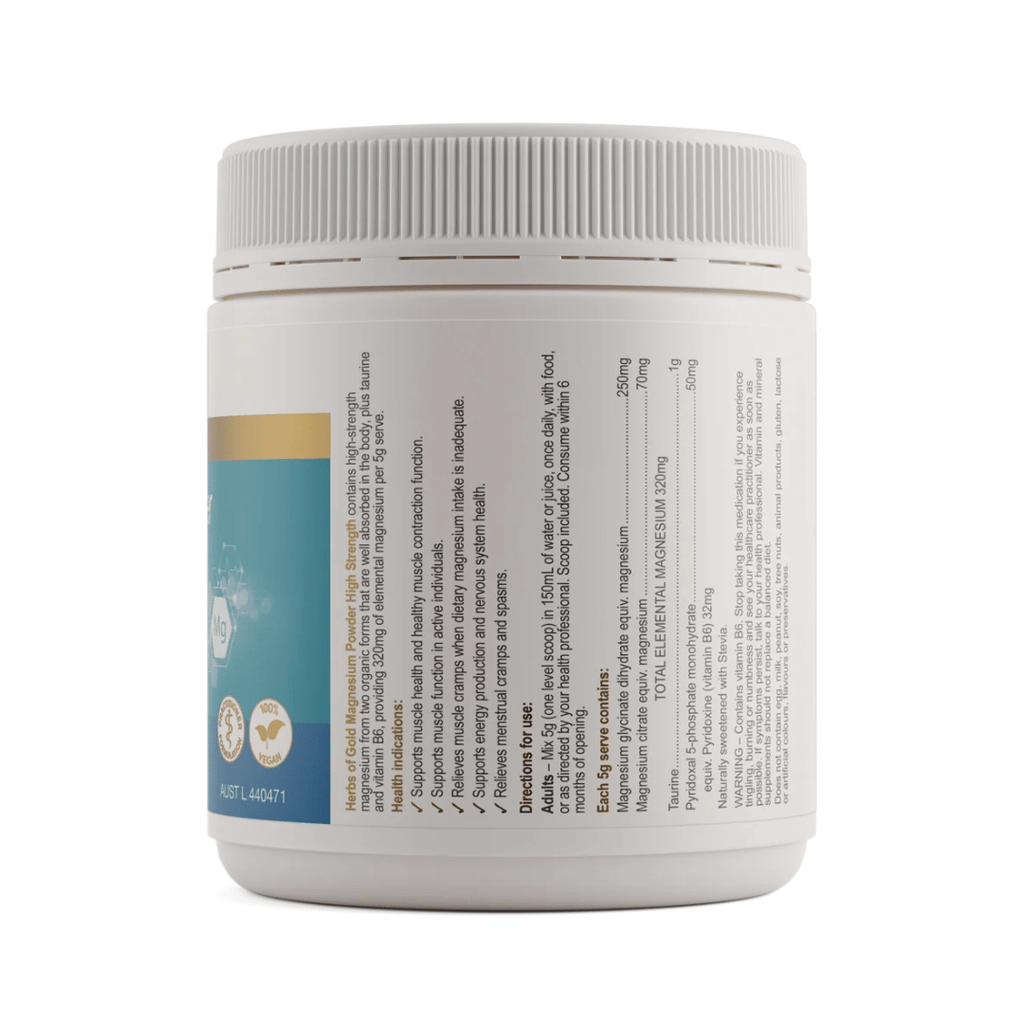 Herbs Of Gold Magnesium Powder High Strength pineapple flavoured magnesium supplement with vitamin B6 and taurine.