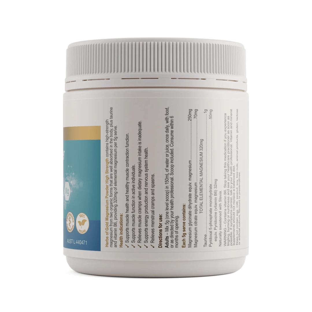 Herbs Of Gold Magnesium Powder High Strength pineapple flavoured magnesium supplement with vitamin B6 and taurine.