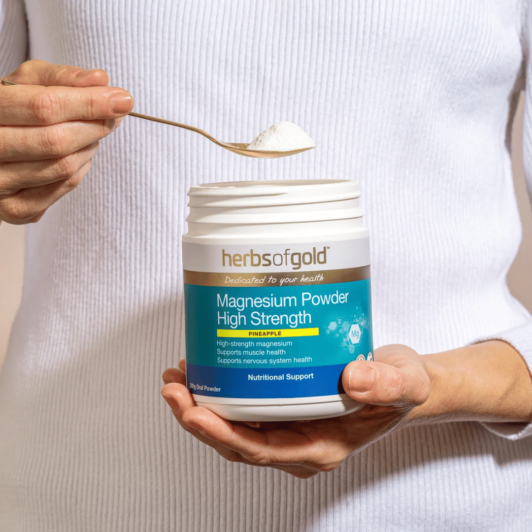 Herbs Of Gold Magnesium Powder High Strength pineapple flavoured magnesium supplement with vitamin B6 and taurine.