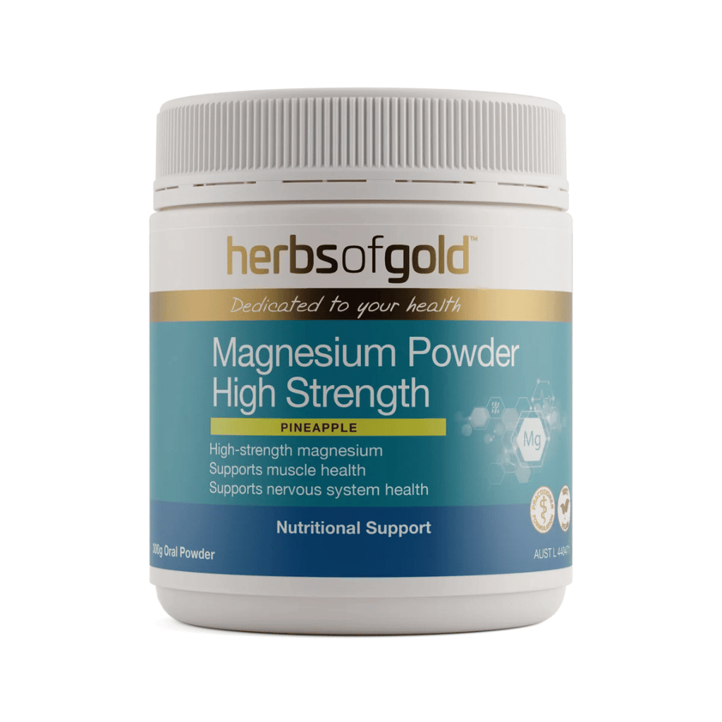 Herbs Of Gold Magnesium Powder High Strength pineapple flavoured magnesium supplement with vitamin B6 and taurine.