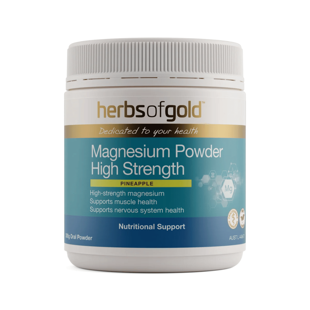Herbs Of Gold Magnesium Powder High Strength pineapple flavoured magnesium supplement with vitamin B6 and taurine.