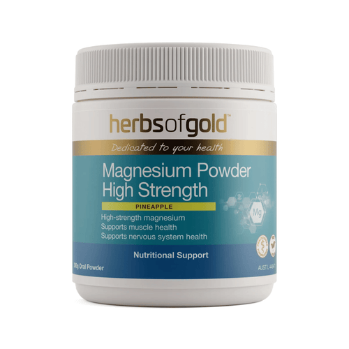 Herbs Of Gold Magnesium Powder High Strength pineapple flavoured magnesium supplement with vitamin B6 and taurine.