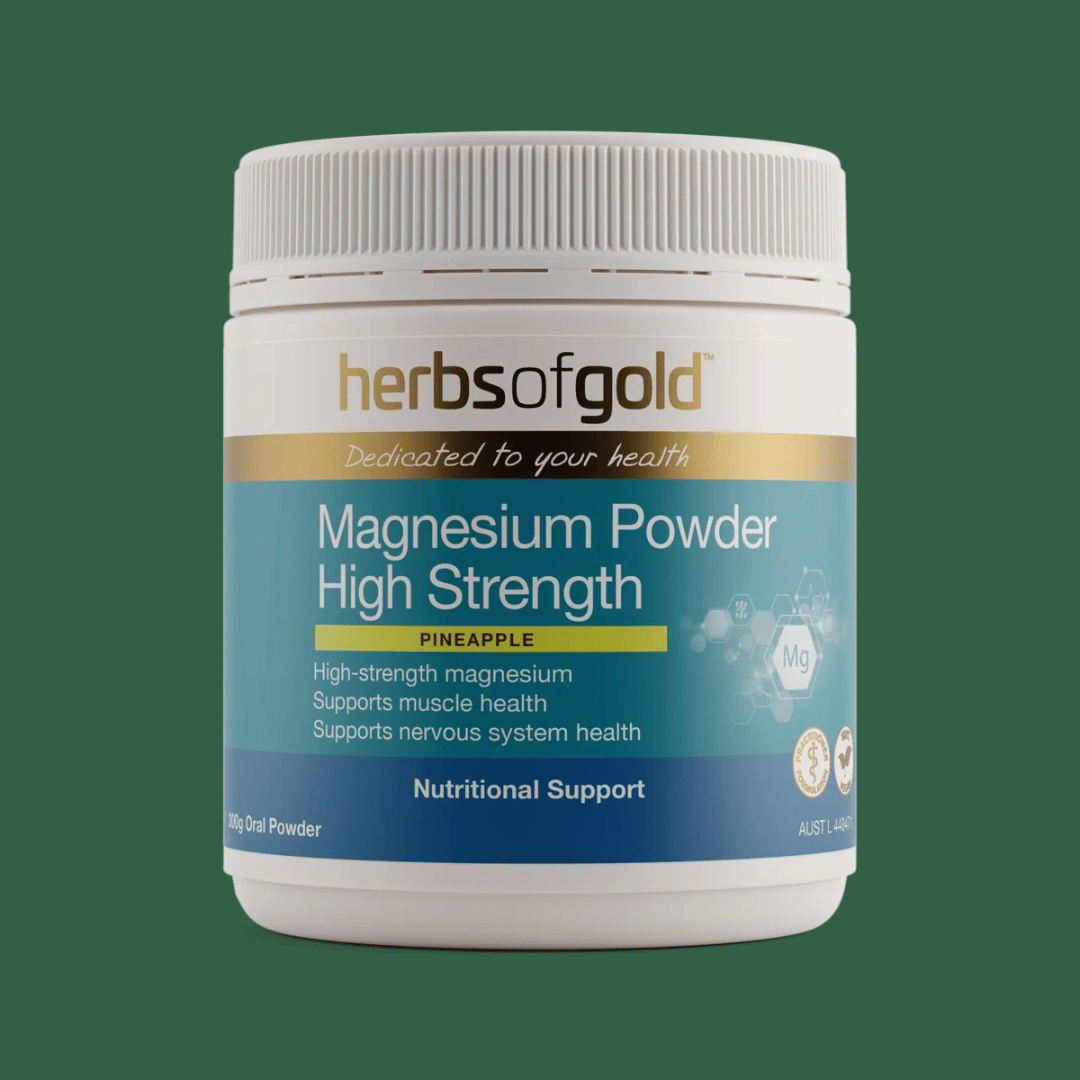 Herbs Of Gold Magnesium Powder High Strength pineapple flavoured magnesium supplement with vitamin B6 and taurine.
