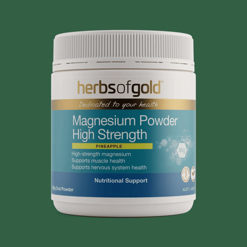 Herbs Of Gold Magnesium Powder High Strength pineapple flavoured magnesium supplement with vitamin B6 and taurine.