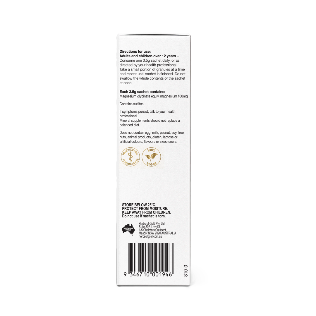 Herbs of Gold Magnesium Glycinate ActivBeads™ sachets providing 180mg magnesium glycinate in raspberry lemonade flavour.