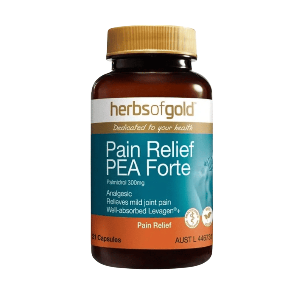 Herbs Of Gold Pain Relief PEA Forte capsules containing 300mg PEA as Levagen®+ for pain and mild joint soreness relief.