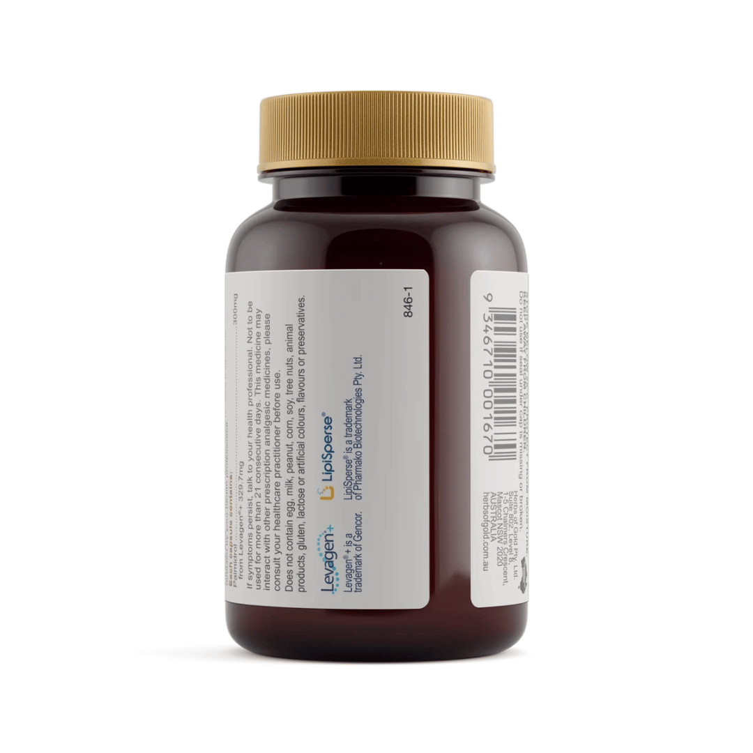 Herbs Of Gold Pain Relief PEA Forte capsules containing 300mg PEA as Levagen®+ for pain and mild joint soreness relief.