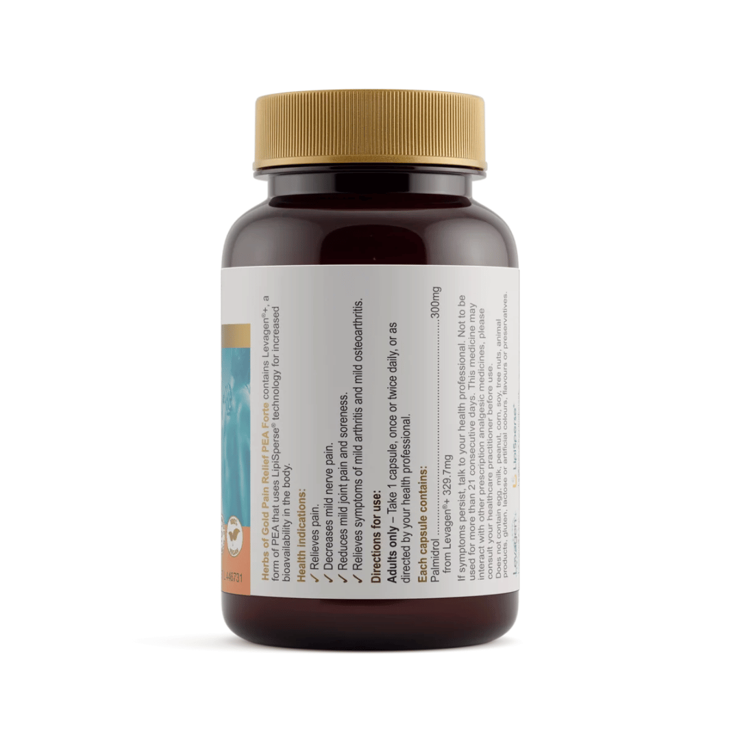 Herbs Of Gold Pain Relief PEA Forte capsules containing 300mg PEA as Levagen®+ for pain and mild joint soreness relief.