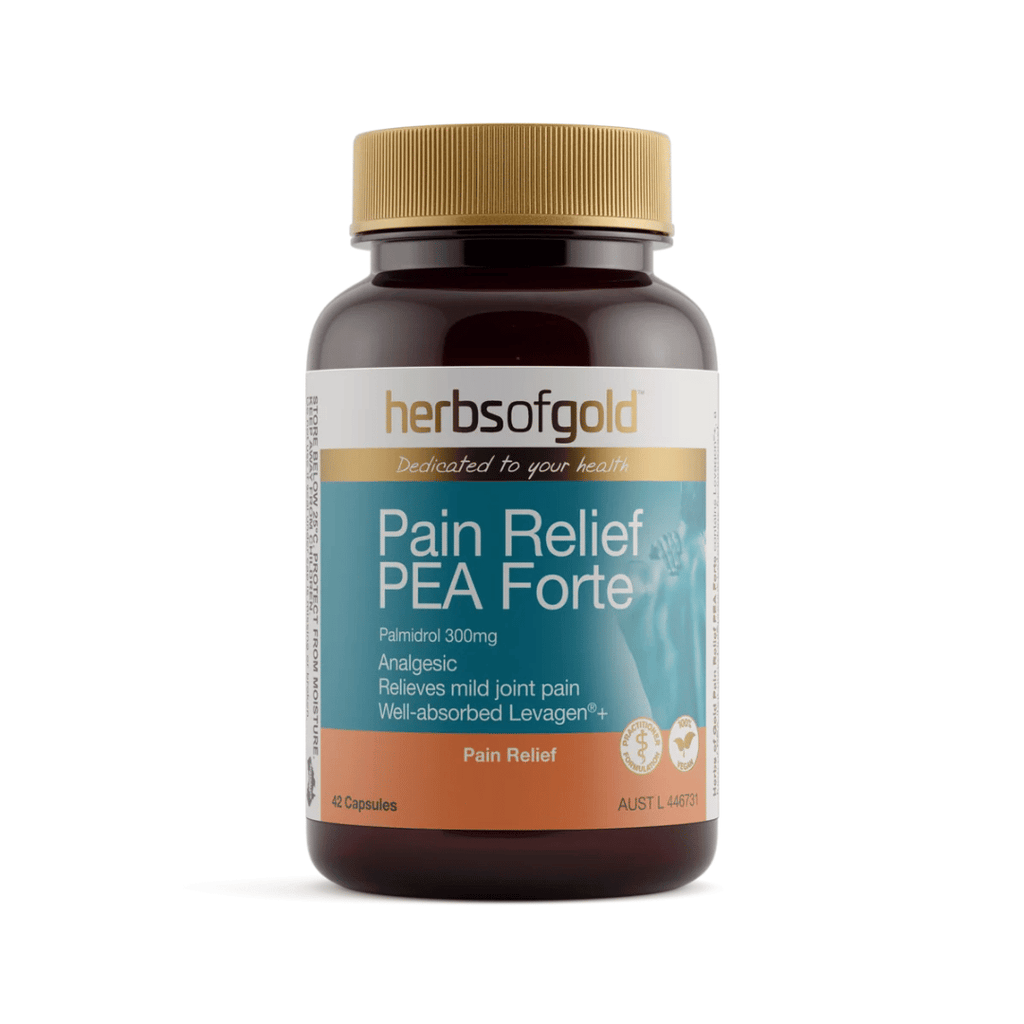 Herbs Of Gold Pain Relief PEA Forte capsules containing 300mg PEA as Levagen®+ for pain and mild joint soreness relief.