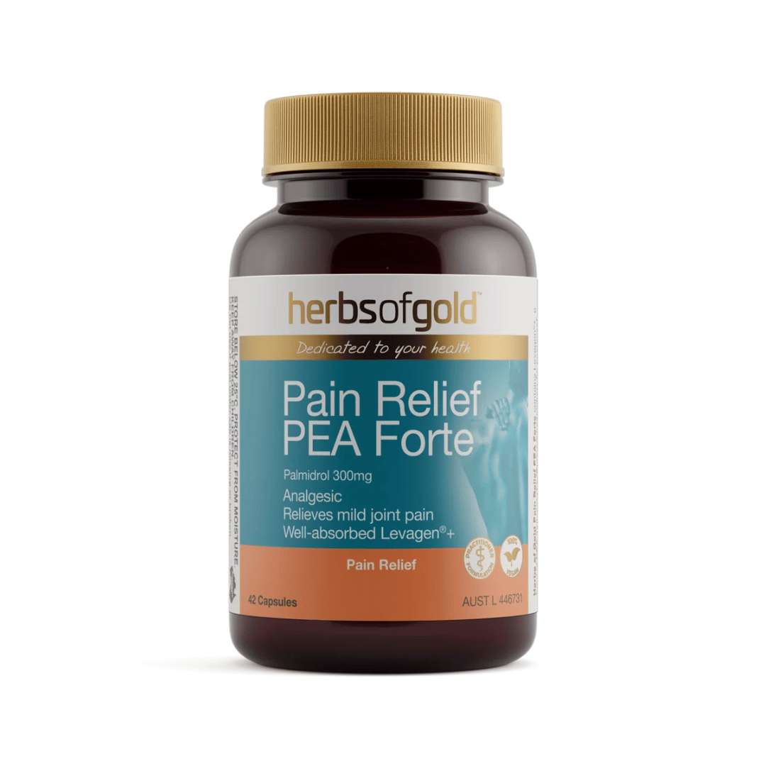Herbs Of Gold Pain Relief PEA Forte capsules containing 300mg PEA as Levagen®+ for pain and mild joint soreness relief.