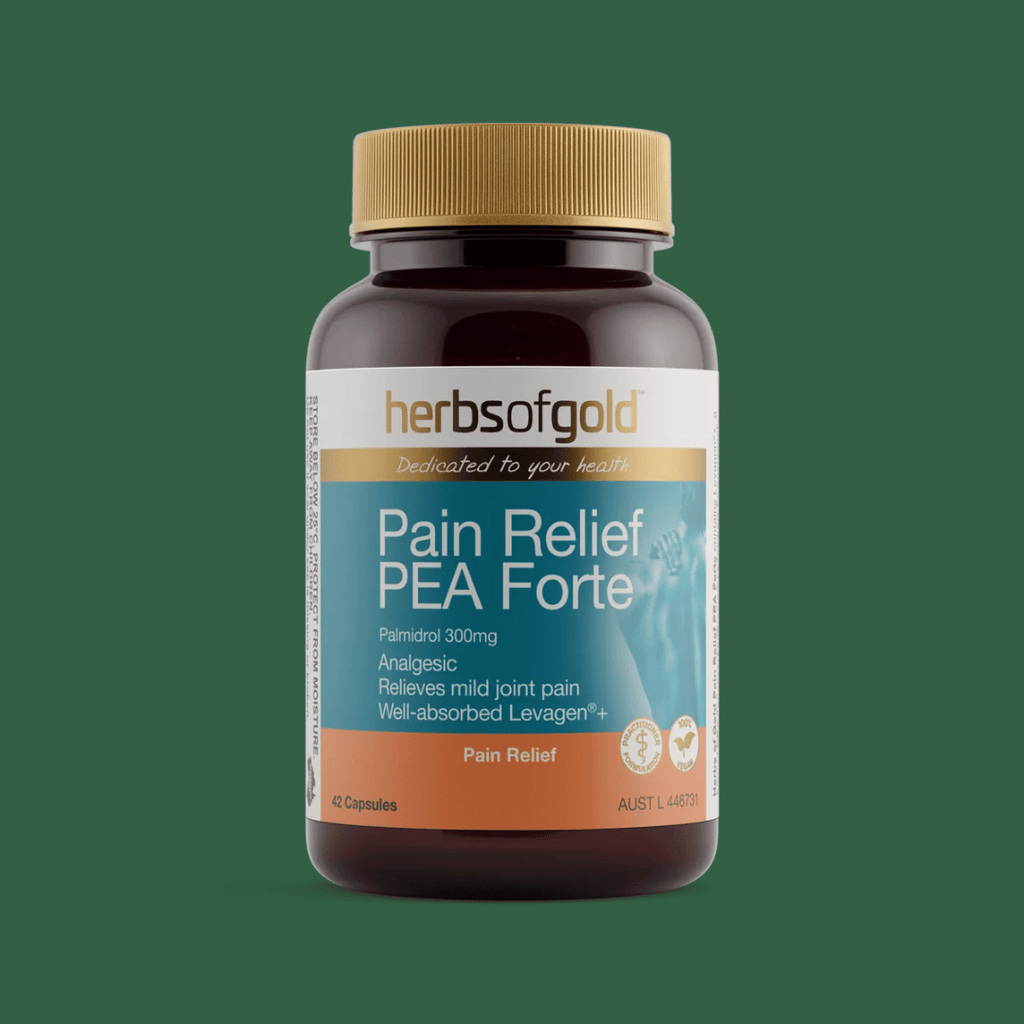 Herbs Of Gold Pain Relief PEA Forte capsules containing 300mg PEA as Levagen®+ for pain and mild joint soreness relief.