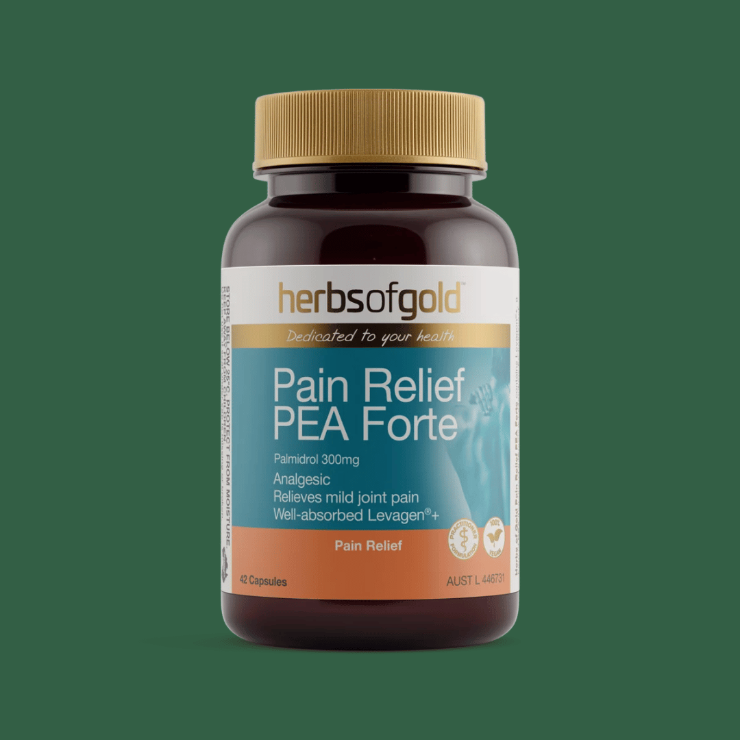 Herbs Of Gold Pain Relief PEA Forte capsules containing 300mg PEA as Levagen®+ for pain and mild joint soreness relief.