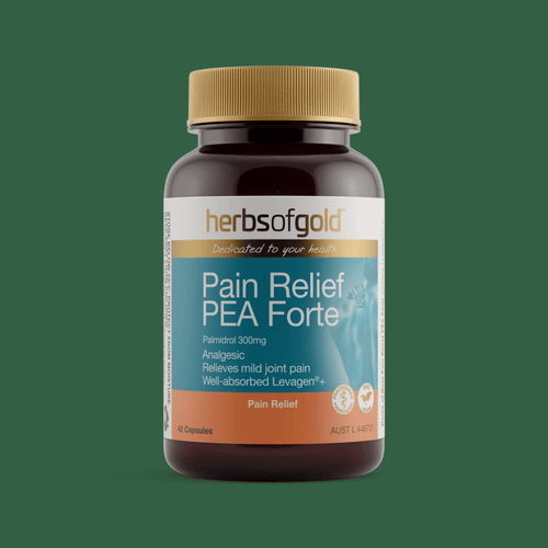 Herbs Of Gold Pain Relief PEA Forte capsules containing 300mg PEA as Levagen®+ for pain and mild joint soreness relief.