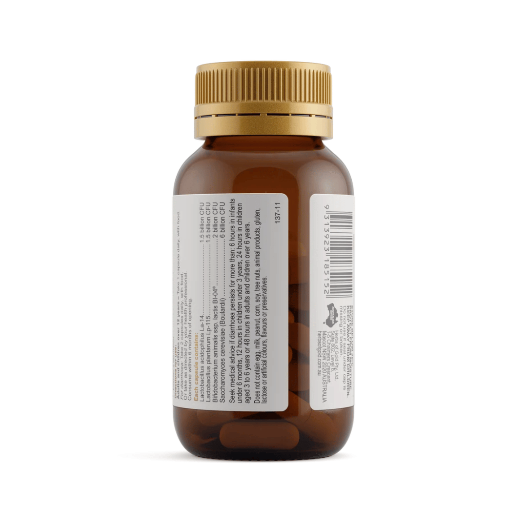 Herbs of Gold Probiotic + SB capsules containing 11 billion CFU from four probiotic strains including Saccharomyces boulardii for intestinal and digestive health support.