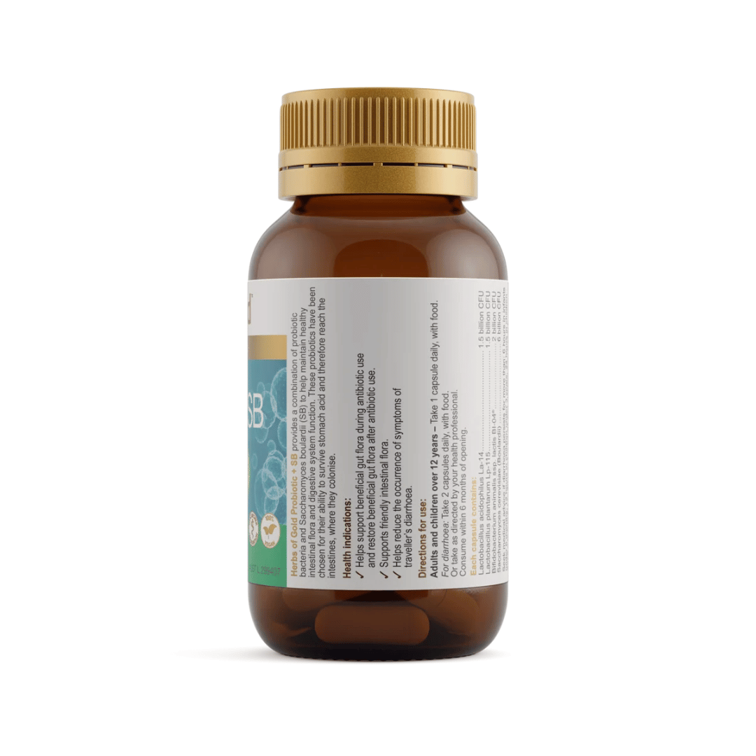 Herbs of Gold Probiotic + SB capsules containing 11 billion CFU from four probiotic strains including Saccharomyces boulardii for intestinal and digestive health support.