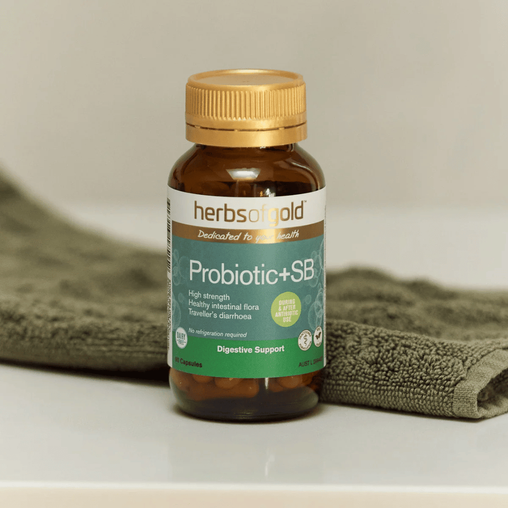 Herbs of Gold Probiotic + SB capsules containing 11 billion CFU from four probiotic strains including Saccharomyces boulardii for intestinal and digestive health support.