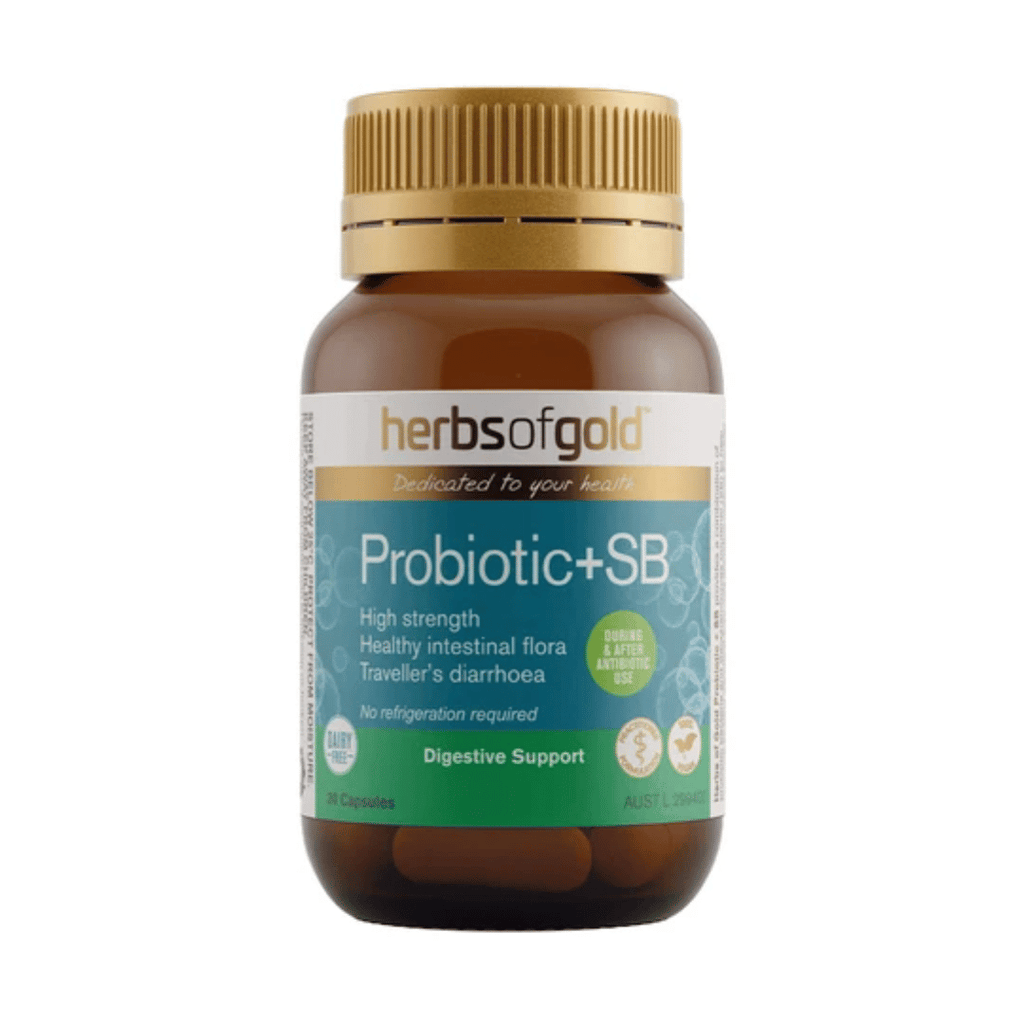 Herbs of Gold Probiotic + SB capsules containing 11 billion CFU from four probiotic strains including Saccharomyces boulardii for intestinal and digestive health support.