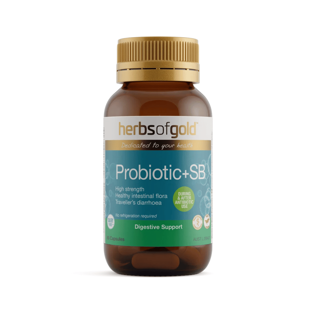 Herbs of Gold Probiotic + SB capsules containing 11 billion CFU from four probiotic strains including Saccharomyces boulardii for intestinal and digestive health support.