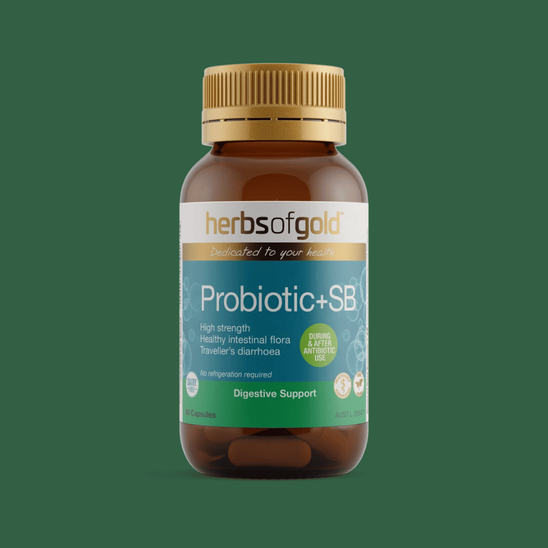 Herbs of Gold Probiotic + SB capsules containing 11 billion CFU from four probiotic strains including Saccharomyces boulardii for intestinal and digestive health support.