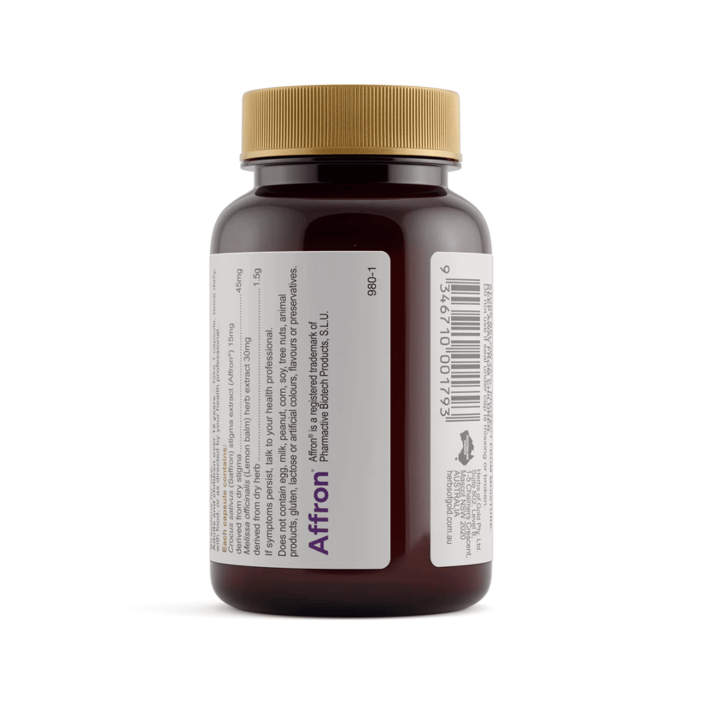 Herbs Of Gold Saffron Mood Balance capsules with Affron saffron and lemon balm for mood and emotional wellbeing support.