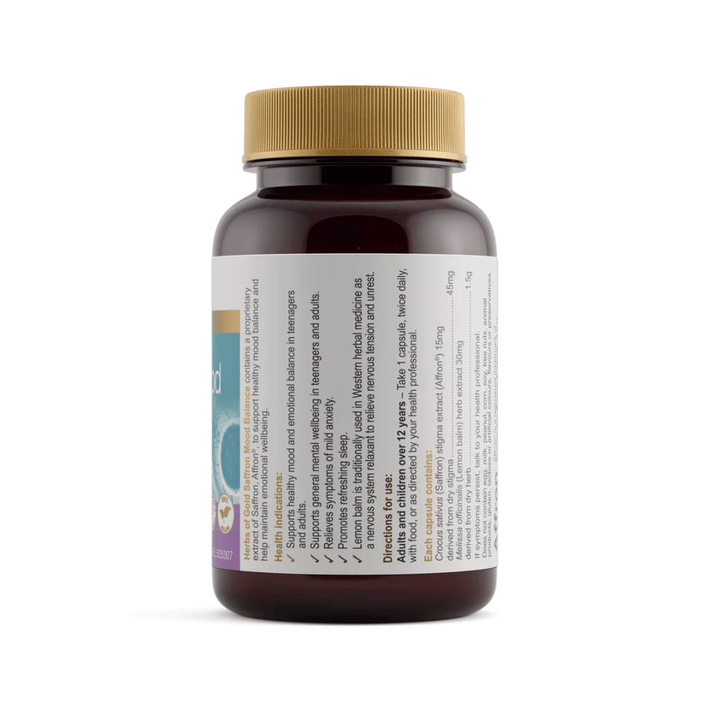Herbs Of Gold Saffron Mood Balance capsules with Affron saffron and lemon balm for mood and emotional wellbeing support.