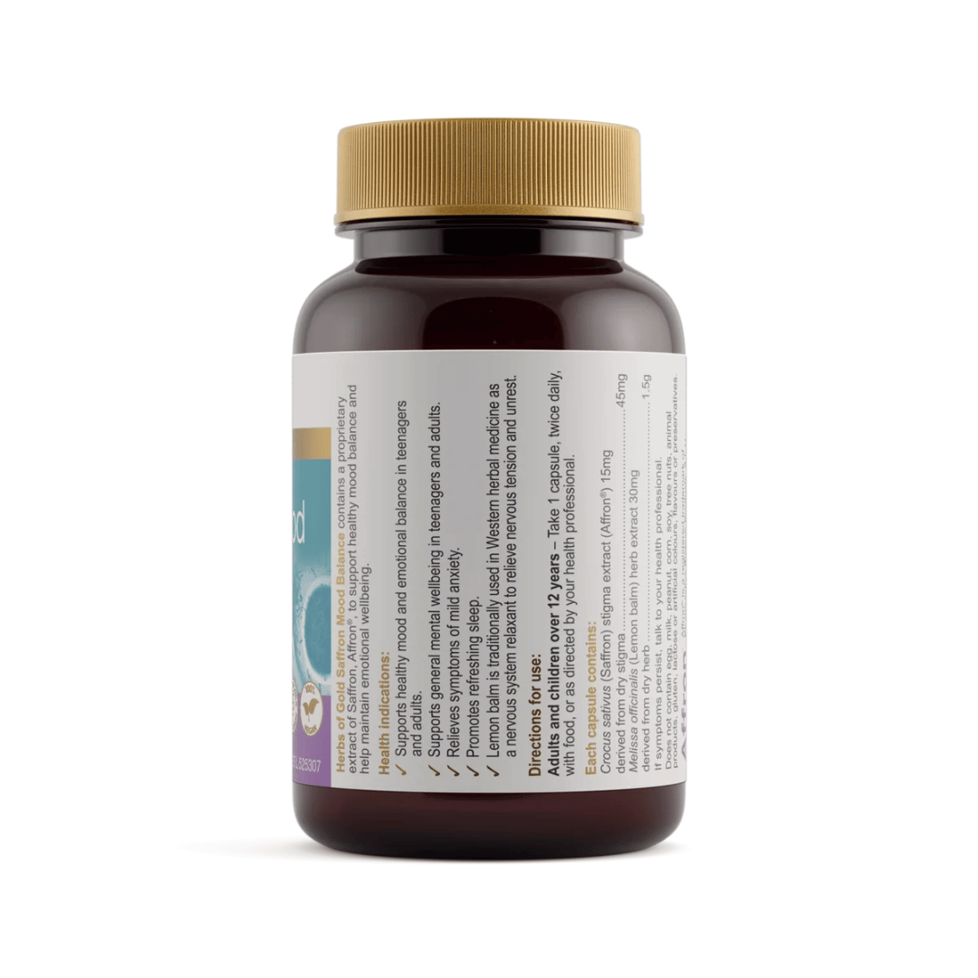 Herbs Of Gold Saffron Mood Balance capsules with Affron saffron and lemon balm for mood and emotional wellbeing support.