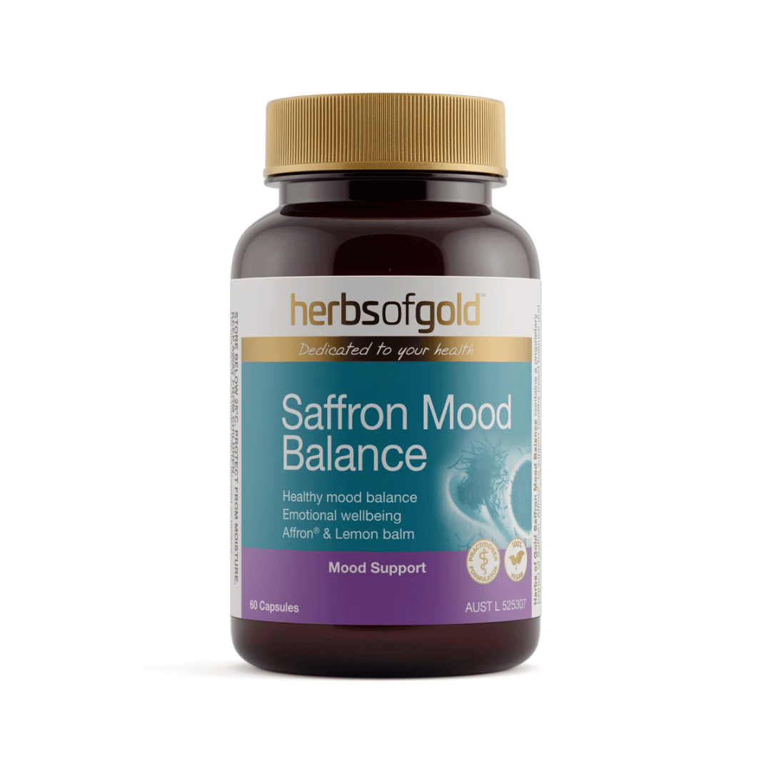 Herbs Of Gold Saffron Mood Balance capsules with Affron saffron and lemon balm for mood and emotional wellbeing support.