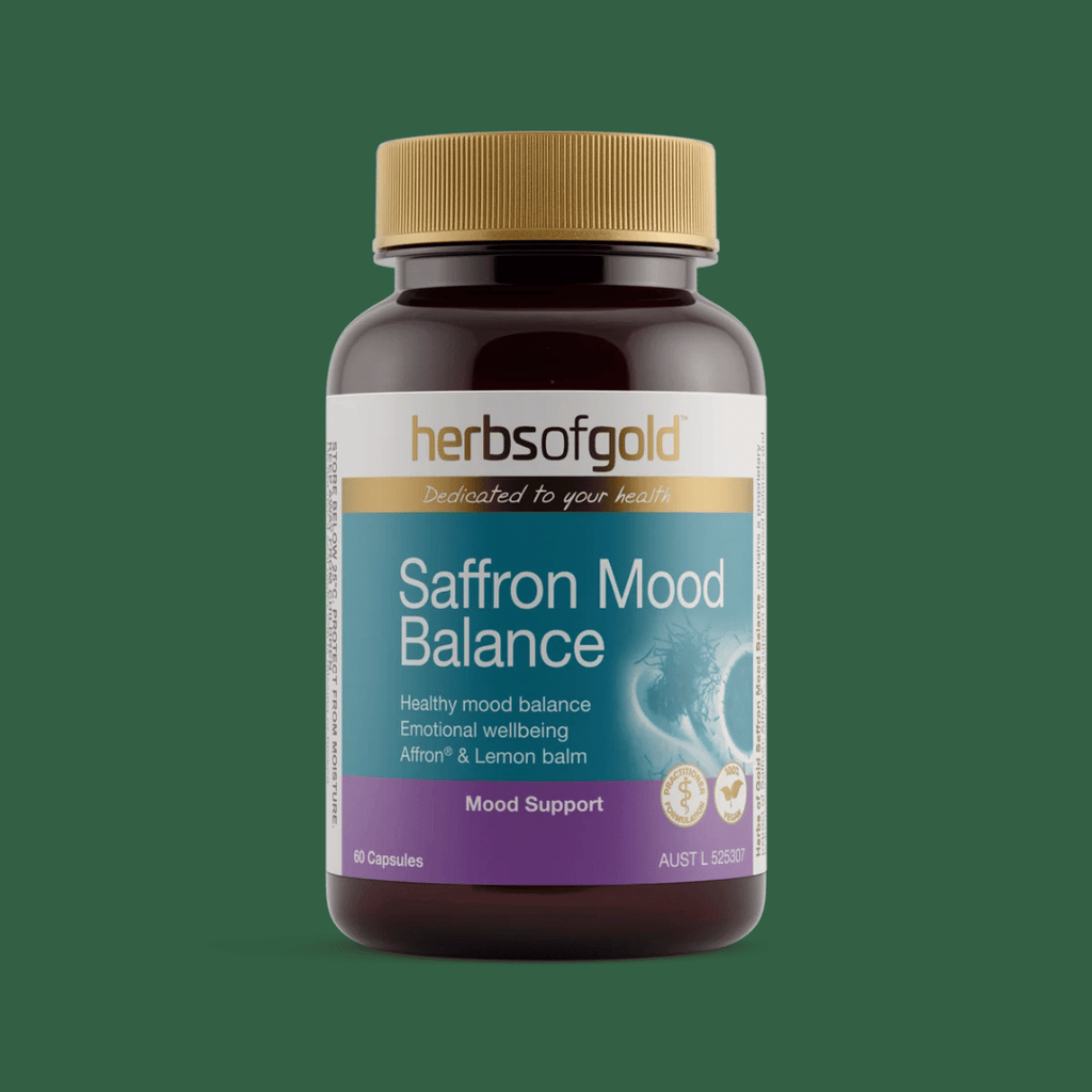 Herbs Of Gold Saffron Mood Balance capsules with Affron saffron and lemon balm for mood and emotional wellbeing support.