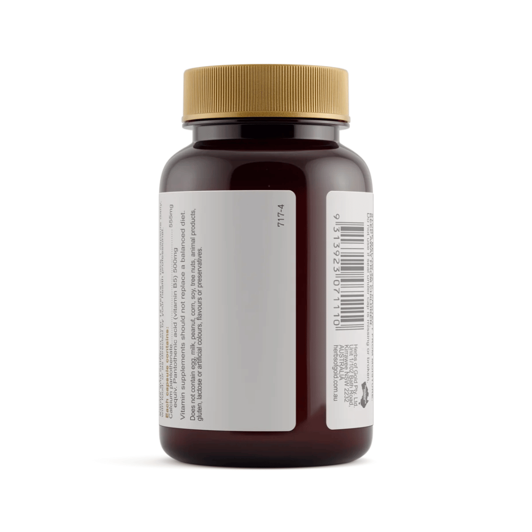 Herbs Of Gold Vitamin B5 500mg high-strength vitamin B5 supplement capsules for energy and nervous system support.