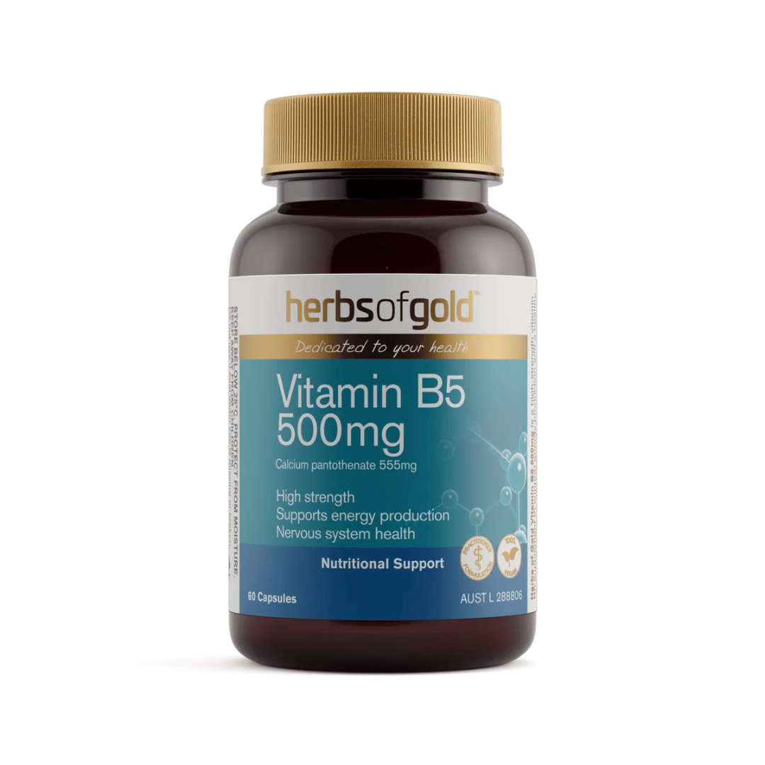 Herbs Of Gold Vitamin B5 500mg high-strength vitamin B5 supplement capsules for energy and nervous system support.