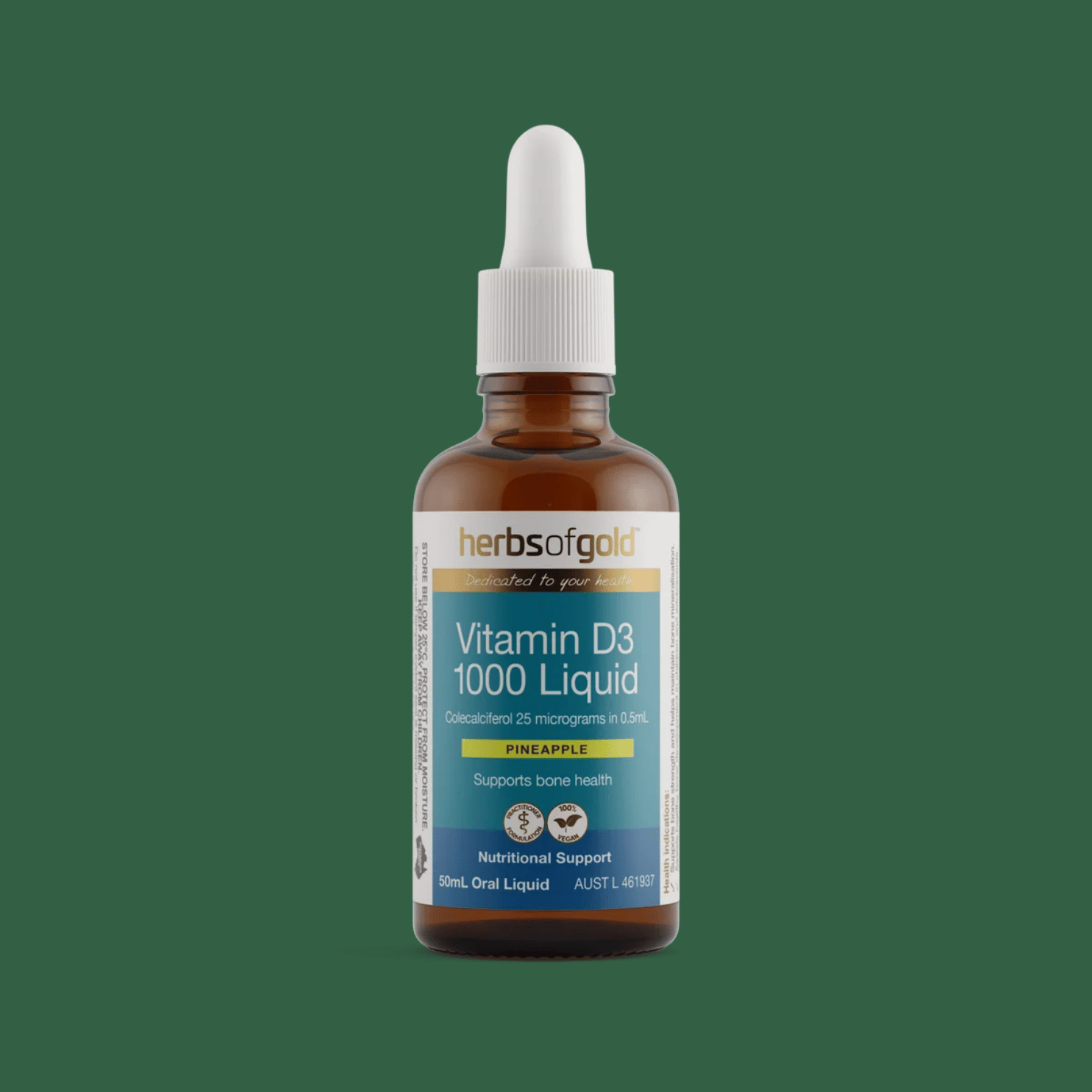 Herbs of Gold Vitamin D3 1000 Liquid vegan pineapple flavoured vitamin D3 supplement