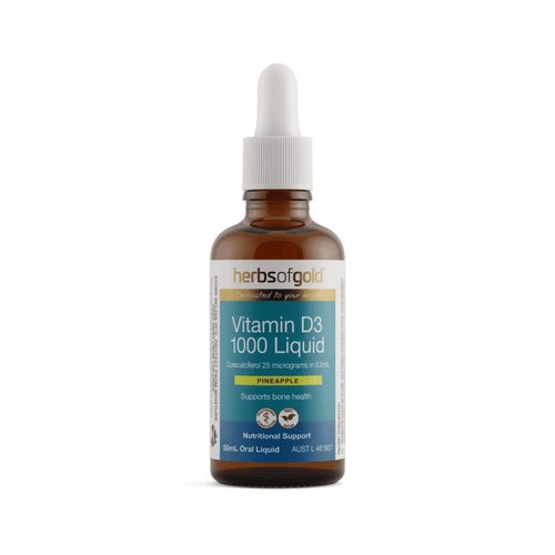 Herbs of Gold Vitamin D3 1000 Liquid vegan pineapple flavoured vitamin D3 supplement