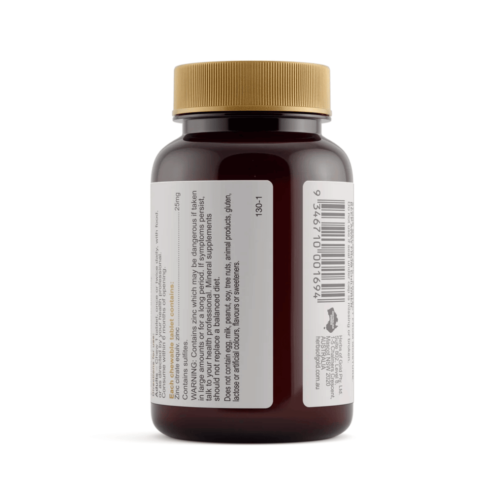 Herbs of Gold Zinc Chewable 25mg mixed-berry flavoured zinc tablets