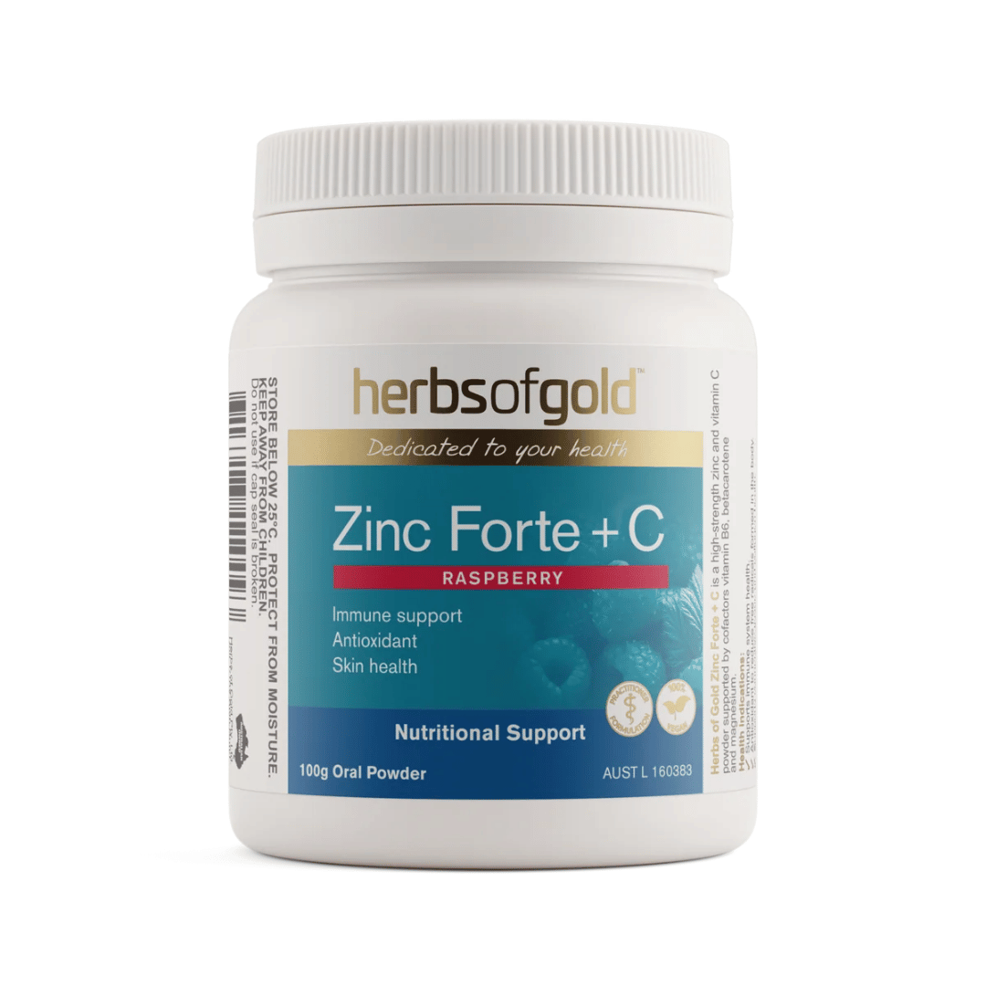 Herbs of Gold Zinc Forte + C raspberry flavoured zinc and vitamin C powder
