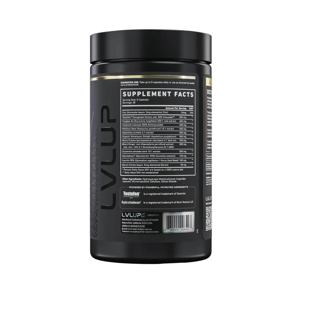 LVLUP Health Botanabolic capsules featuring Tongkat Ali, Shilajit, Cistanche, Epicatechin, Icariin, zinc and boron for hormonal and performance support.