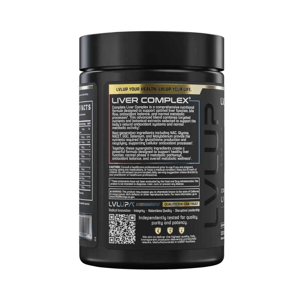 LVL UP Complete Liver Complex capsules bottle for comprehensive liver, antioxidant and detoxification support.