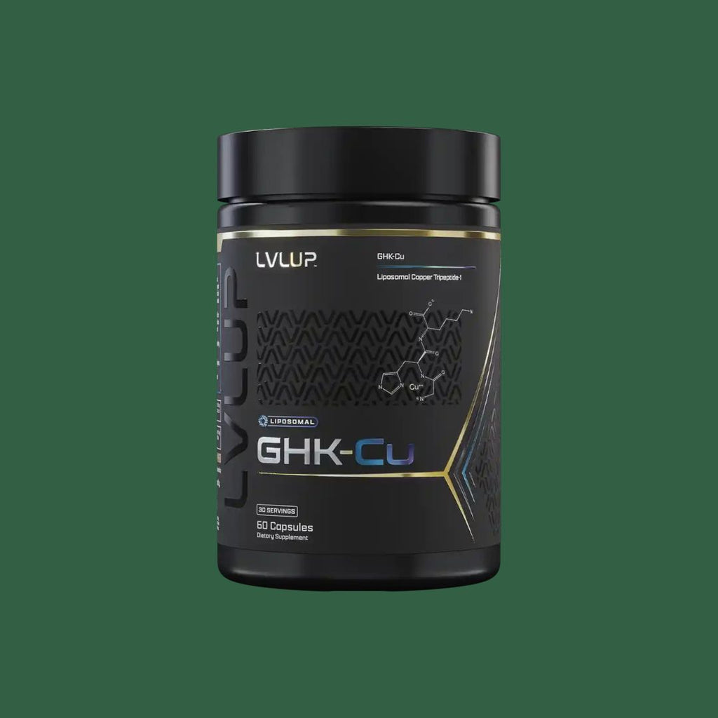 LVLUP Health GHK-Cu oral supplement featuring liposomal GHK-Cu, PEA and hyaluronic acid for collagen and tissue support.
