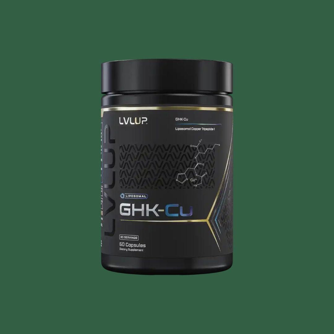 LVLUP Health GHK-Cu oral supplement featuring liposomal GHK-Cu, PEA and hyaluronic acid for collagen and tissue support.
